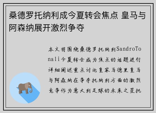 桑德罗托纳利成今夏转会焦点 皇马与阿森纳展开激烈争夺 桑德罗托纳利成今夏转会焦点 皇马与阿森纳展开激烈争夺