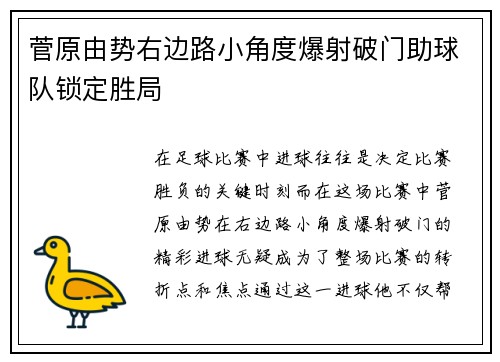 菅原由势右边路小角度爆射破门助球队锁定胜局 菅原由势右边路小角度爆射破门助球队锁定胜局