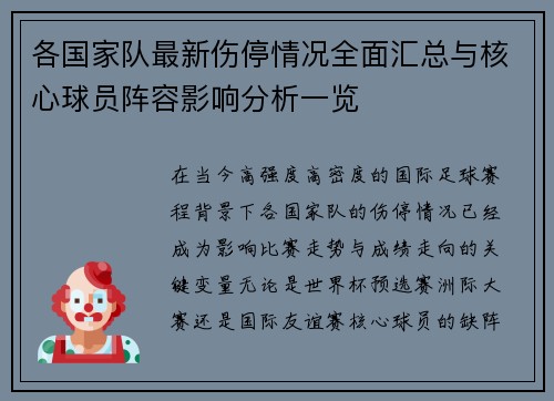 各国家队最新伤停情况全面汇总与核心球员阵容影响分析一览