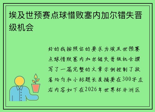 埃及世预赛点球惜败塞内加尔错失晋级机会